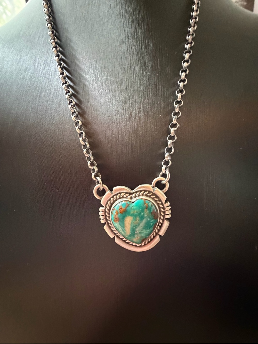 Jon McCray Navajo Handmade Sterling Silver Heart Turquoise Pendant Necklace -m
